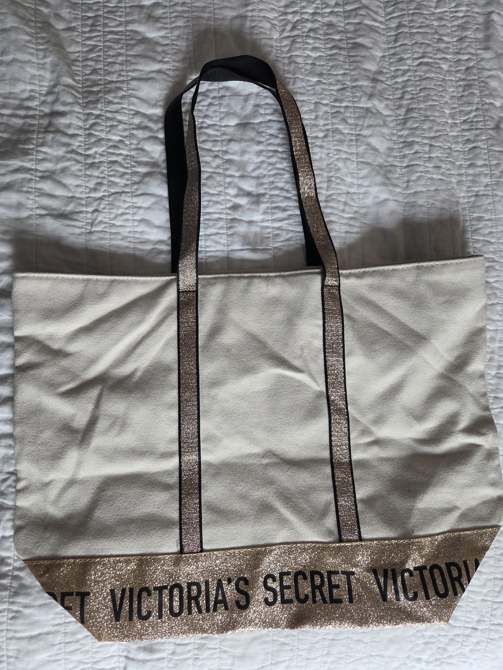 Victoria's Secret Cream Canvas Tote with Gold Glitter Trim and Black Straps